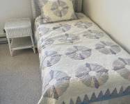 White Wicker Bed + Mattress and Bedding & Side Table