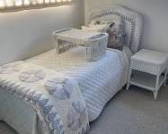 White Wicker Bed + Mattress and Bedding, Side Table and Lap Table
