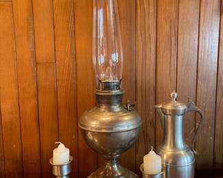Vintage B&H Oil Style Lamp & Pewter Candlesticks and Pitcher
