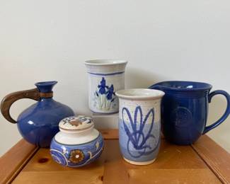 Assortment of Signed Pottery and Ceramics in Blue
