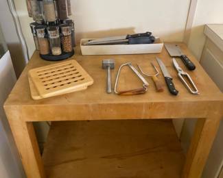 Rolling Butcher Block, Spicerack & Various Utensils