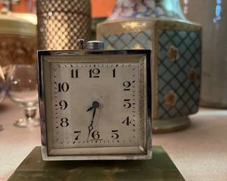 ANTIQUE MINI ART DECO BRASS DESK CLOCK DOUBLE SIDED CLOCK 