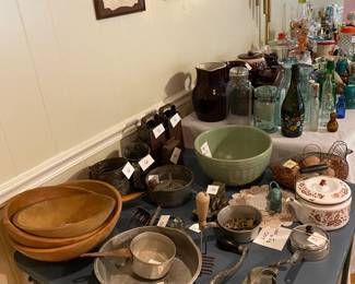 Antique bowls, cooking items, jars, pitchers, and more