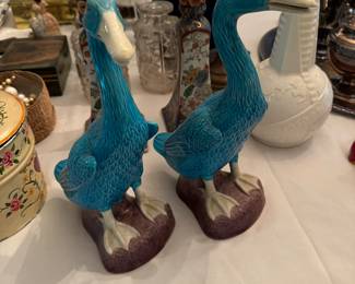 Vintage Chinese Duck Ducks Blue White Export Porcelain Figural Ducks Pair Ceramic Ornament Decorative Figurine Medium c1950-60's