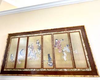 Japanese Six Panel Framed Wall Screen with Geisha Dancers 
