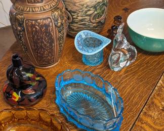 Coin glass in blue and gold, art glass, Fenton  figurines, Fenton art glass, Roseville pottery, Pyrex glass bowl, Goose girl 