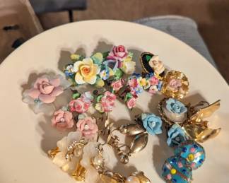 Porcelain floral pins from England and earrings 