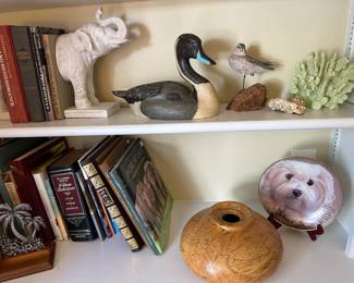 Books, elephant bookends, turned wood vase
