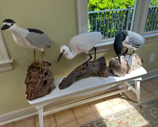 Del Smith carved wood loon, egret and heron