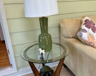 Glass and wood side table, pair of green lamps