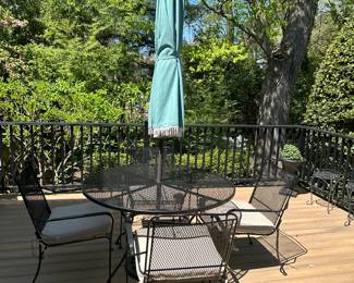 Outdoor metal table and chairs, umbrella