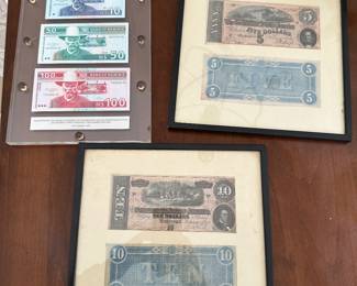 Richmond Confederate $5 and $10 notes, framed 