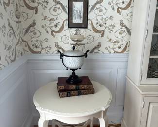Ethan Allen cream colored side table, antique art books
