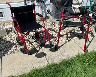 Walker-assisted chairs - on the left is a transport chair and 0n the right is a walker with BREAKS!! Both are in EXCELLENT condition!