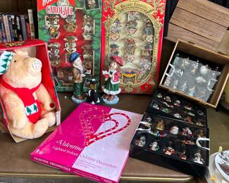 Holiday Carousels, Jingle Pig, Valentines decorations, on the right - Paconni Classics Ornaments with a wood crate.