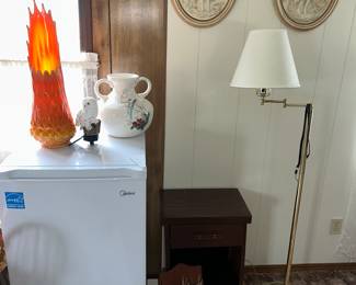 The campus/efficiency apartment refrigerator, lamp, glassware and art work.