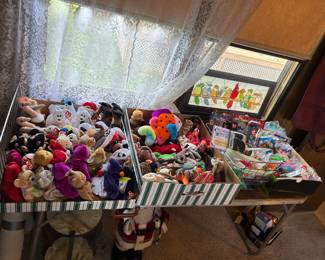 Ty Beanie Babies, and McDonald’s Beanie Babies!!! Note the stain glass bird window.