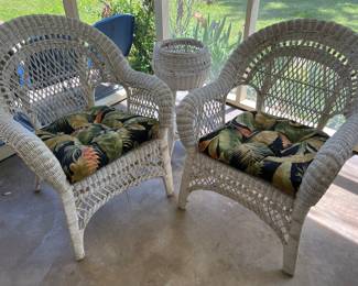 White wicker and metal patio furniture