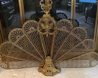 Brass peacock fireplace screen