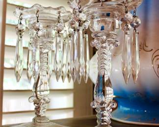 1950's vintage glass boudoir lamps w/ hanging crystals 