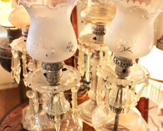 Victorian parlor lamps with hanging crystals 