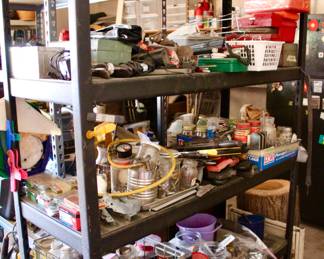 Garage organizer shelving and tons of garage supplies and nails, screws, hooks, everything for a household!