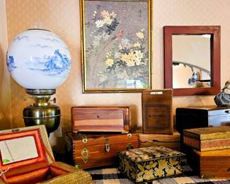Vintage and antique wonderful boxes and jewelry boxes too. Vintage Asian art. Vintage lamps of all kinds.