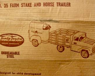 Vintage toy trucks: Farm Stake and Horse Trailer 