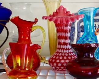 Vintage and antique glassware, pitchers, and vases...