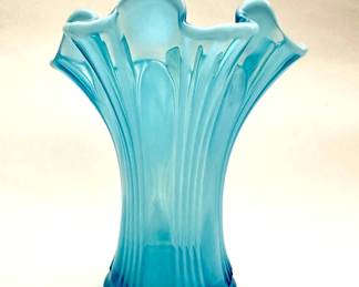 Vintage blue Opalesent ribbed swung vase