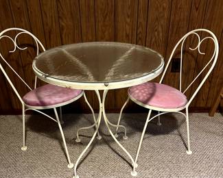 ice cream parlor style glass table top and wrought iron chair set