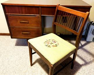 MCM wood desk and chair with needlepoint cushion