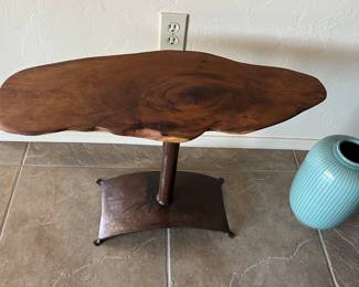 Mesquite side table with metal stand