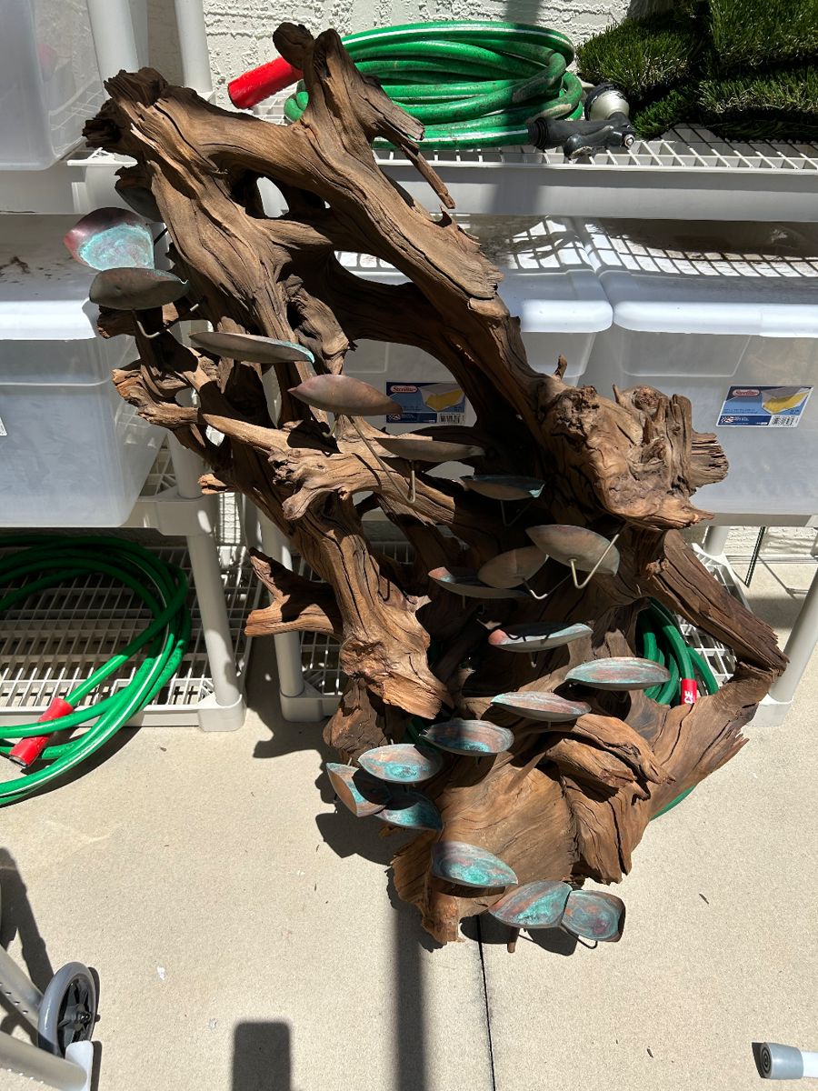 Fabulous Driftwood & Copper Waterfall Fountain.  Hangs on the Wall or Maybe Over a Pond.  Needs a Pump.