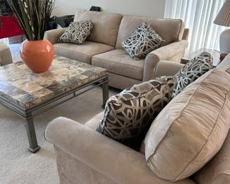 Microfiber Love Seat & Sofa, Light Sand Color by "Broyhill".  Loose Cushions