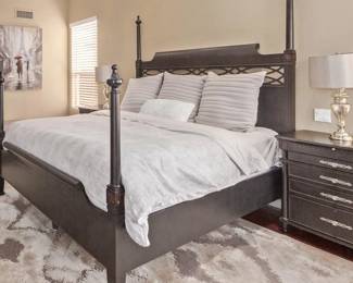 Master Bedroom: Aspenhome Chesapeake 4 Poster Bed, Dresser and 2 Nightstands, Table Lamps, Art Ren-Wil by Dominic Lecavalier Canvas Broadway II , Thomasville Storage Ottoman, Christopher Guy Garabato Mirror (BEDDING/TV's NOT INCLUDED IN SALE!)