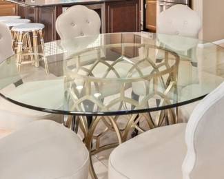 Fabulous Dining Table w Glass Top, Brass Base and 6 Upholstered Chairs 