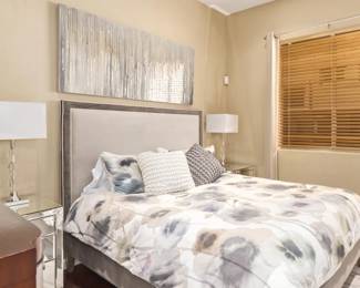 Spare Bedroom: Upholstered Bed Frame, Mirrored Nightstands, Table Lamps, Art, Area Rug, Dresser (BEDDING & TV NOT INCLUDED IN SALE)