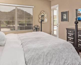 Master Bedroom: Aspenhome 4 Poster Bed, Dresser and 2 Nightstands, Table Lamps, Area Rug, Art Ren-Wil by Dominic Lecavalier Canvas Broadway II , Thomasville Storage Ottoman, Christopher Guy Garabato Mirror (BEDDING/TV's NOT INCLUDED IN SALE!)