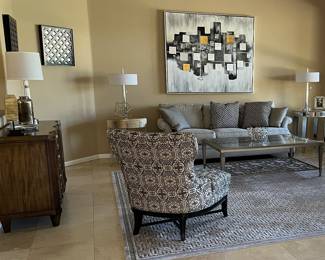 Living Room...Thomasville Sofa 3-Cushion, 2 Thomasville Upholstered Chairs, Hooker Credenza, Table Lamps, Area Rug , Decor