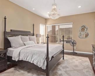 Master Bedroom: Aspenhome Chesapeake 4 Poster Bed, Dresser and 2 Nightstands, Table Lamps, Area Rug, Canvas Art, Mirror (BEDDING/TV's NOT INCLUDED IN SALE!)