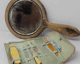Antique Wood Handled Mirror & Manicure Set