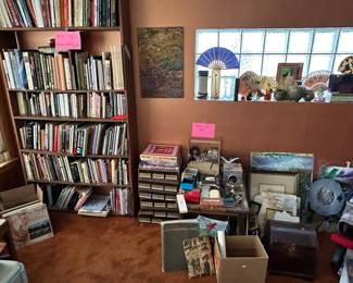 Books, cassette tapes, a collection of dragonfly, paraphernalia, etc. in the living room. A.k.a. Frunchroom