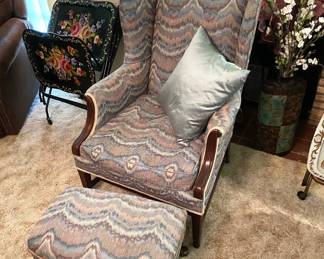 BEAUTIFUL ANTIQUE DOWN FILLED CHAIR AND OTTOMAN. 