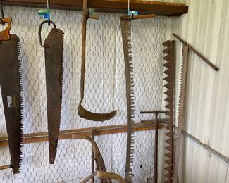 A NICE SELECTION OF ANTIQUE SAWS AND TOOLS.