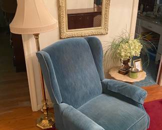 BLUE VINTAGE VELVET RECLINER, FLOOR LAMP, MARBLE TOP SIDE TABLE AND LOVELY LARGE WALL MIRROR. 