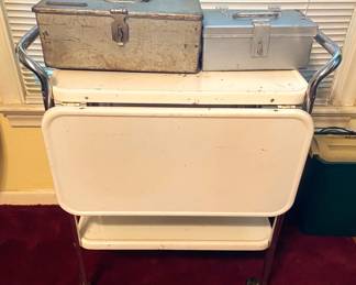 VINTAGE METAL ENAMEL DOUBLE DROP SIDE ROLLING CART.