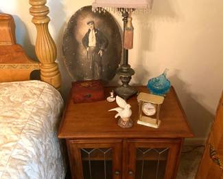 ONE OF TWO LIGHTED KNIGHT STANDS OR END TABLES. 