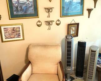 WALL ART, TOWER FANS, COMFY VINTAGE ARM CHAIR. 