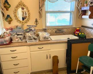 CRAFT SUPPLIES, WALL ART, VINTAGE METAL STEP STOOL CHAIR. AND ANOTHER GREAT 50’s CABINET WITH SINK. 